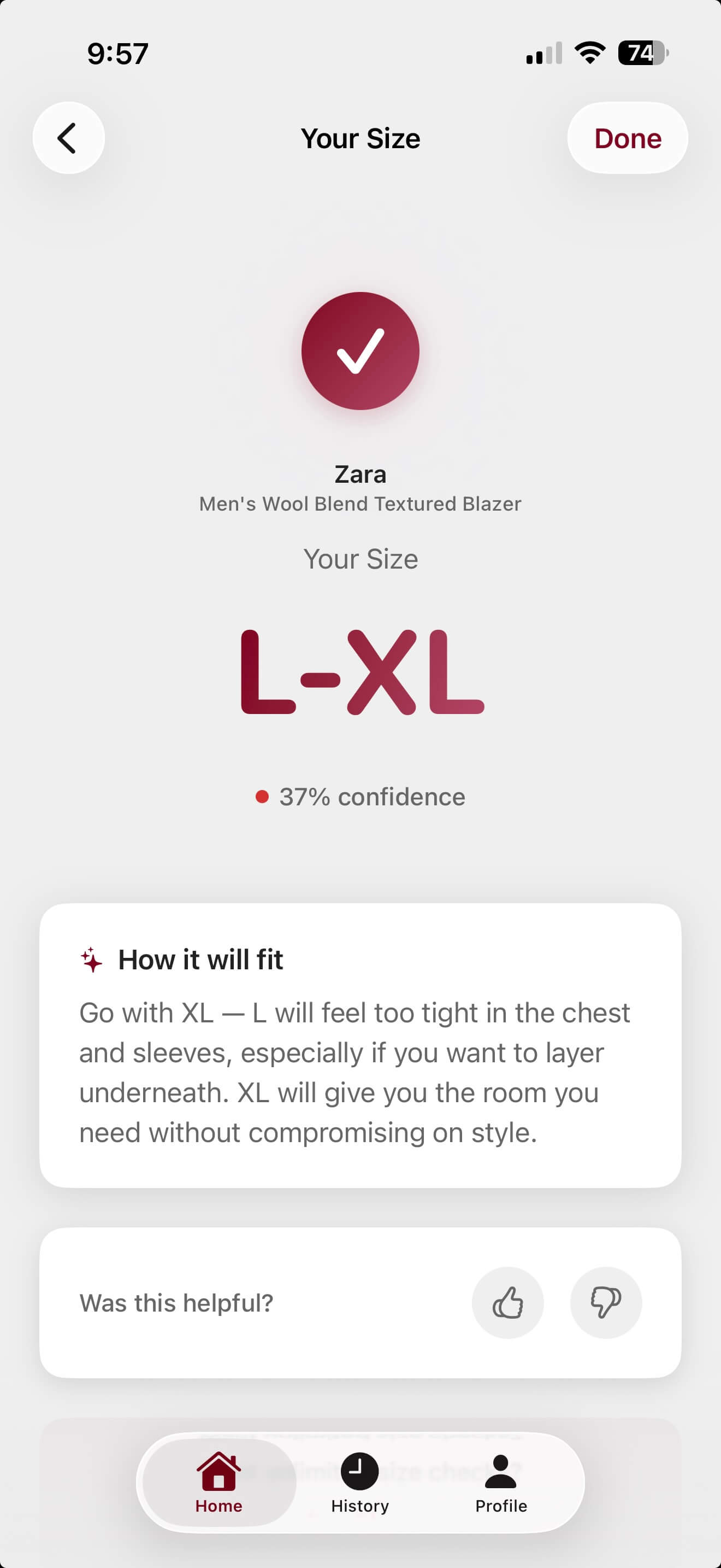 FitPrint app showing size recommendation
