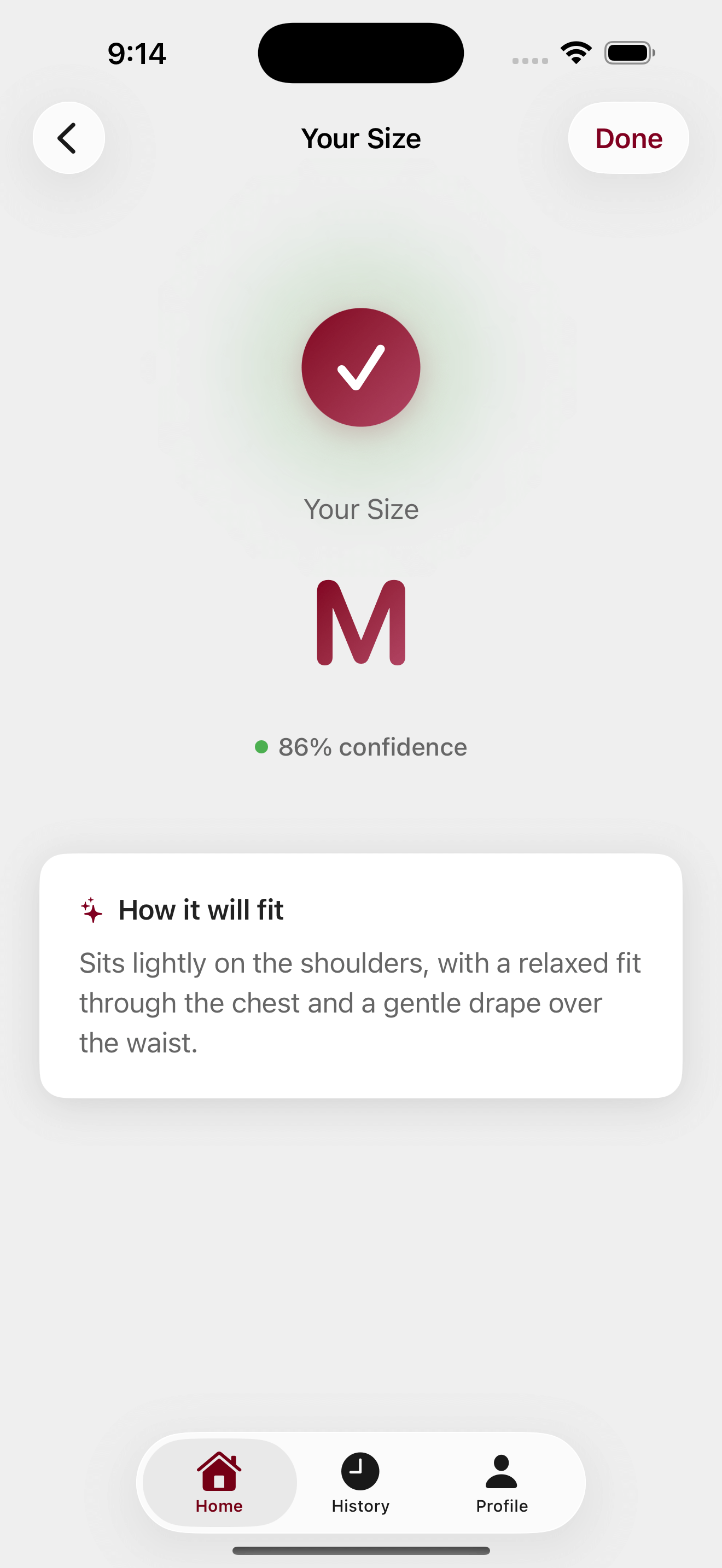 FitPrint app showing size recommendation